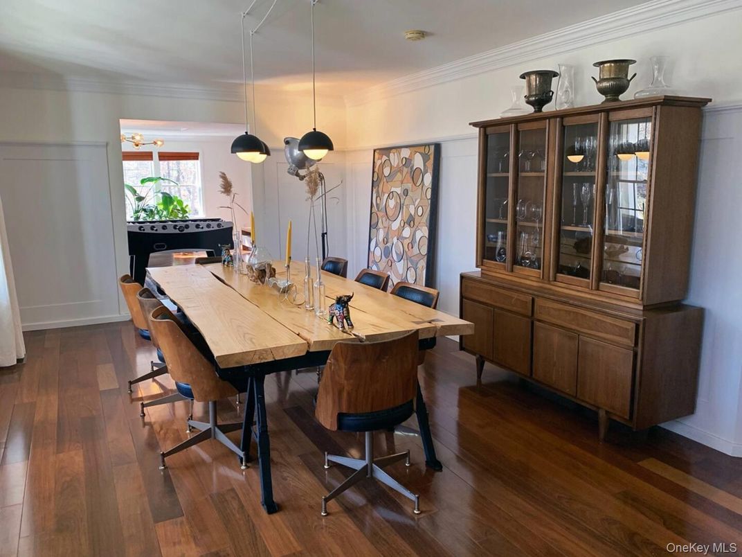 Dining room, Interior, Pendant Lights, Wood Texture Flooring