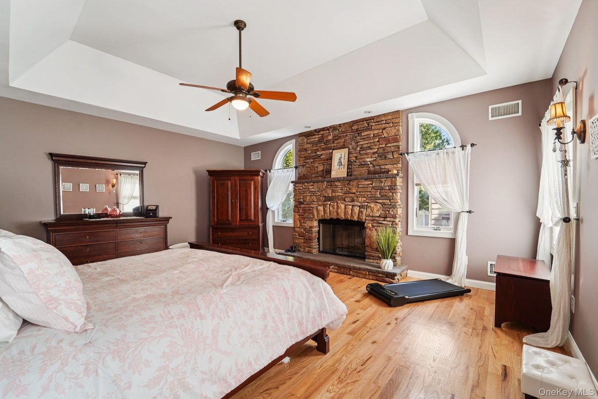 Bedroom, Fireplace, Interior, Stone Walls, Wood Texture Flooring
