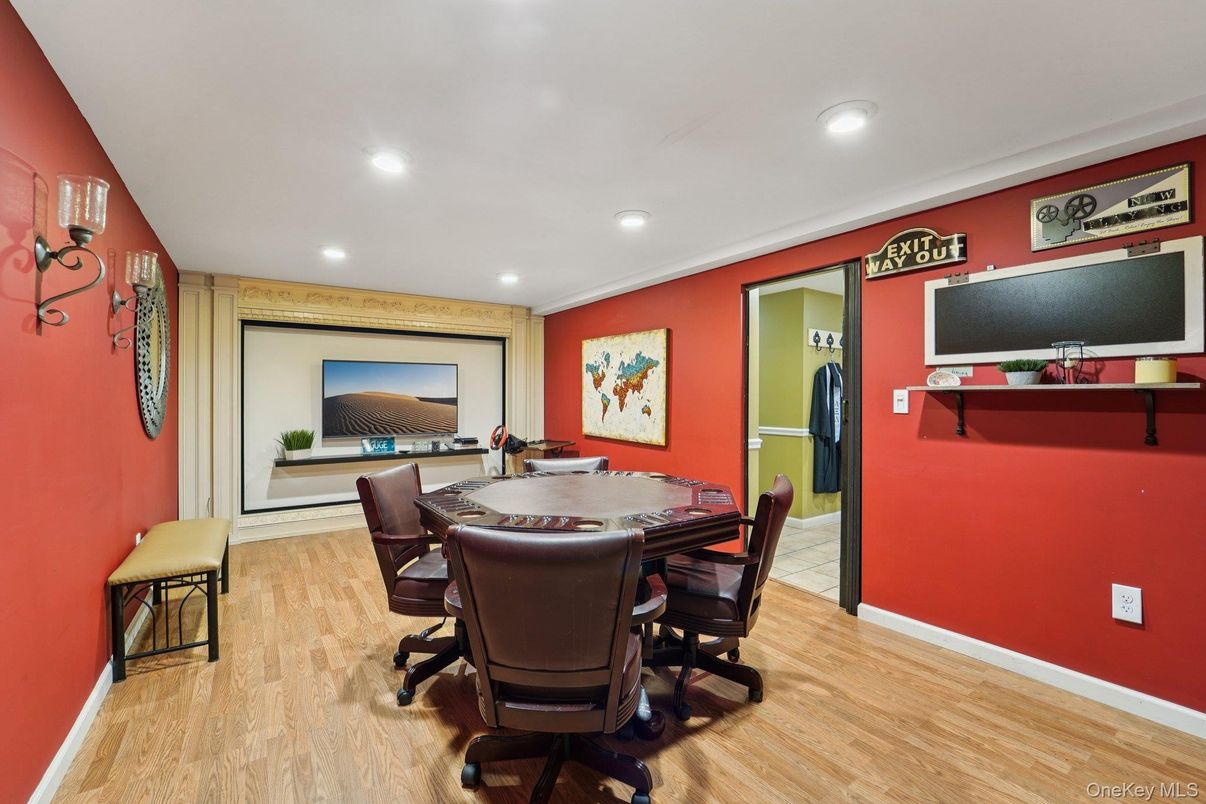 Dining room, Game Room, Interior, Recessed Lighting, Wood Texture Flooring