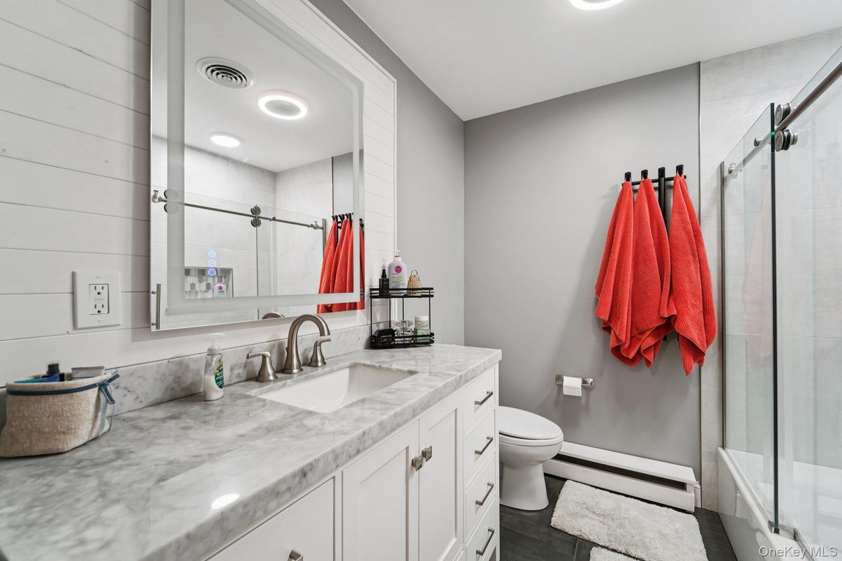 Bathroom, Glass Shower, Interior, Recessed Lighting, Wood Texture Flooring