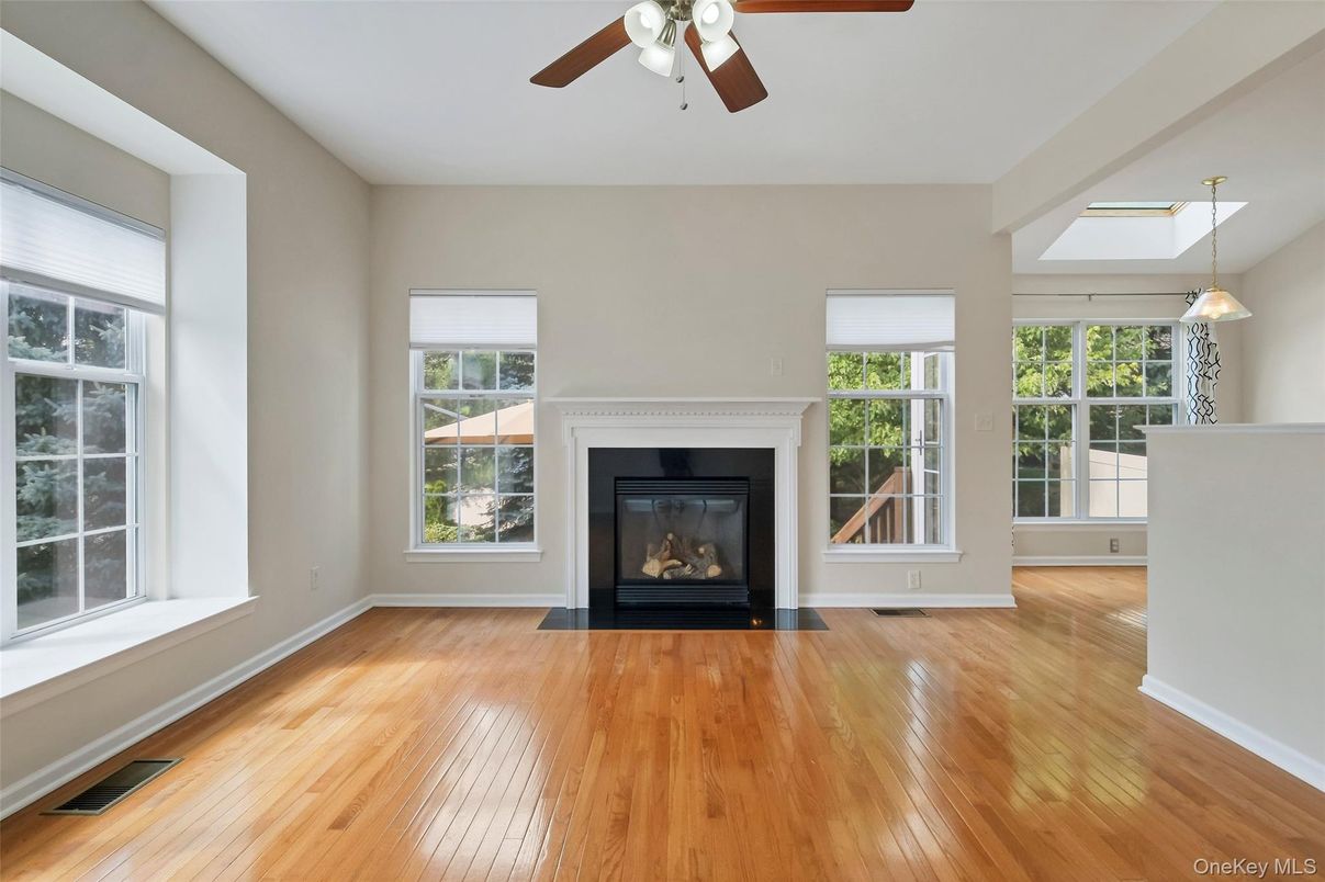 Empty room, Fireplace, Interior, Pendant Lights, Wood Texture Flooring