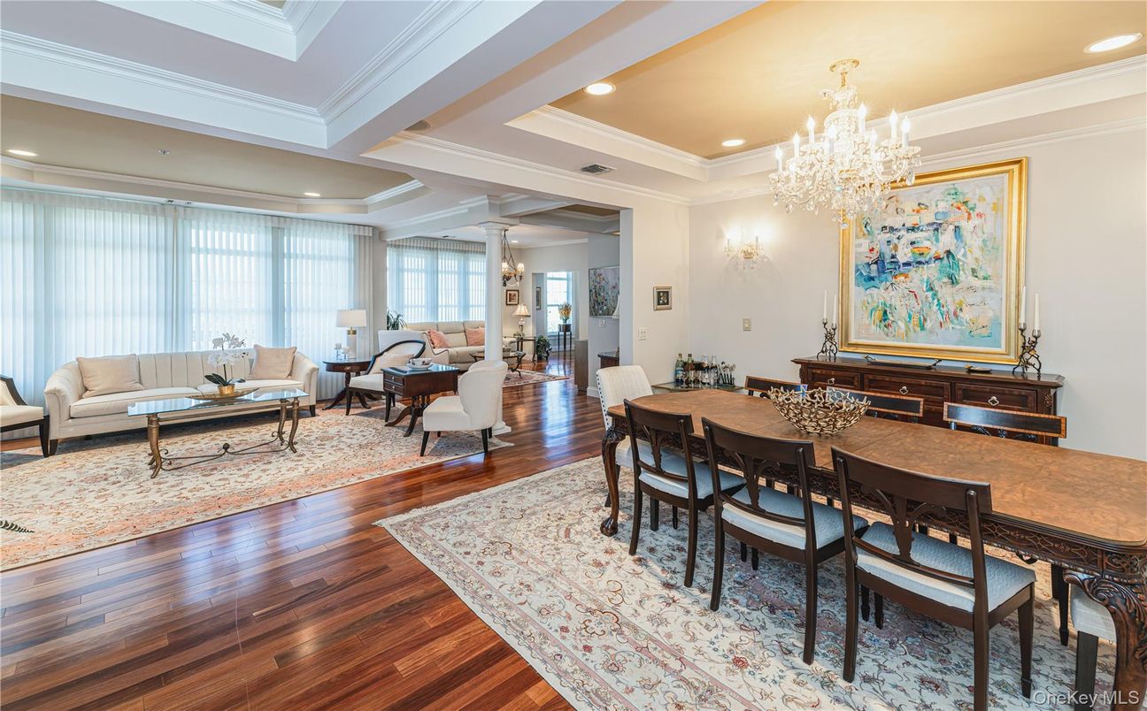Chandelier, Dining room, Interior, Living room, Recessed Lighting, Wood Texture Flooring