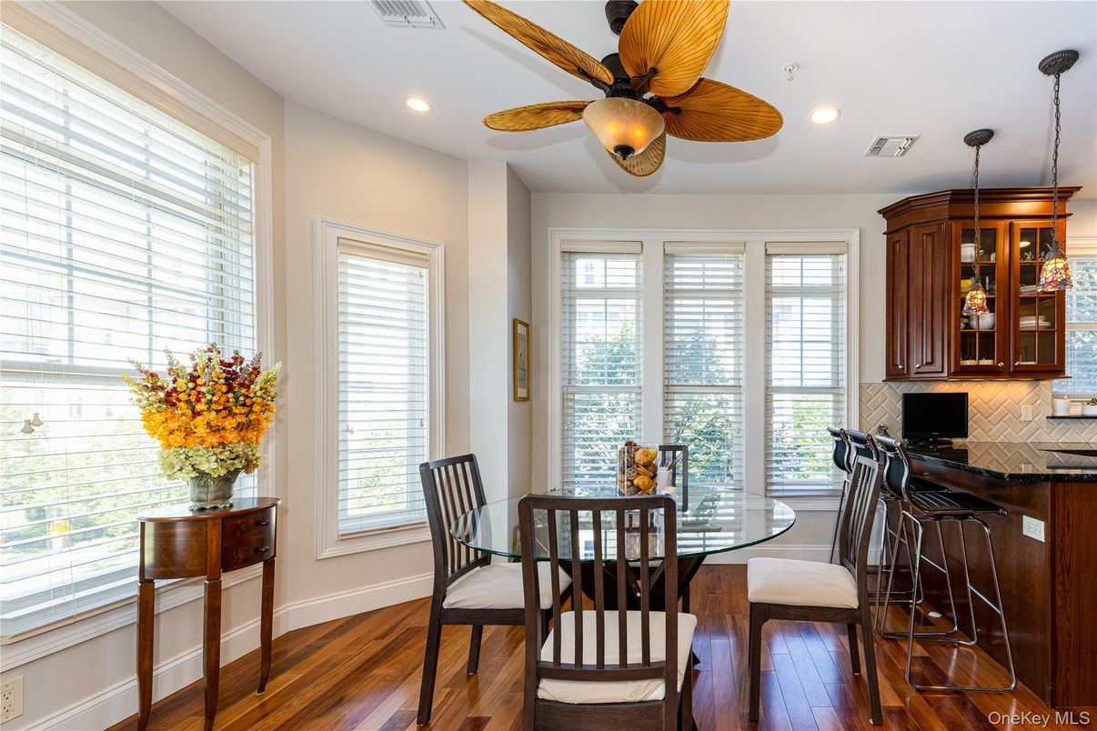 Dining room, Interior, Pendant Lights, Recessed Lighting, Wood Texture Flooring