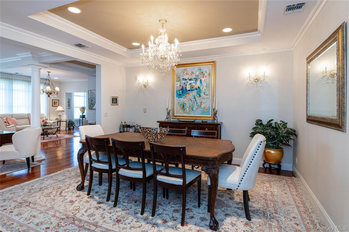 Chandelier, Dining room, Interior, Recessed Lighting, Wood Texture Flooring