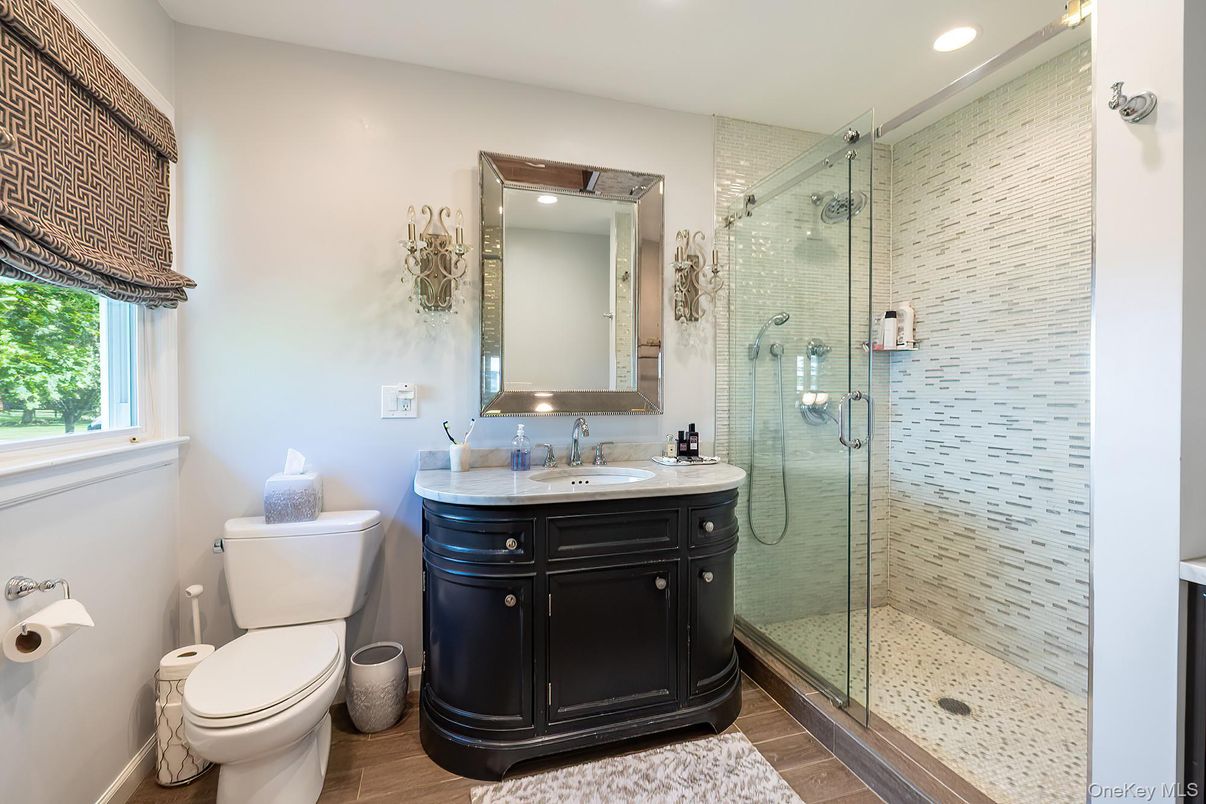 Bathroom, Glass Shower, Interior, Recessed Lighting, Wood Texture Flooring