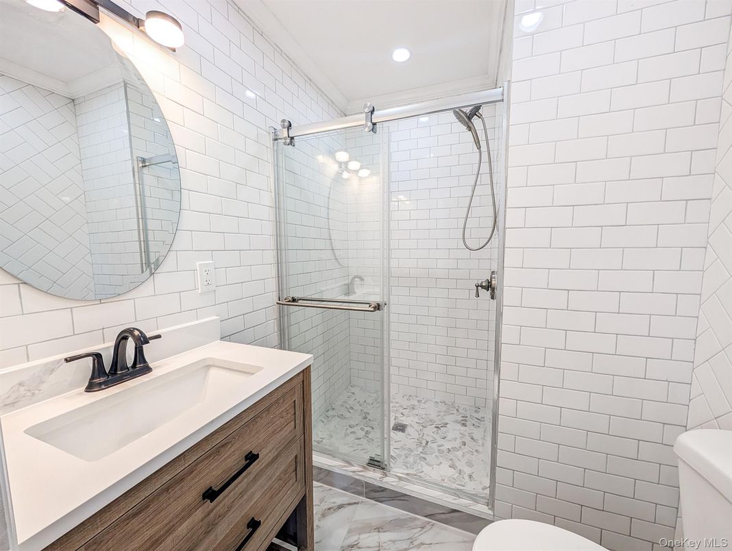 Bathroom, Glass Shower, Interior, Marble, Recessed Lighting