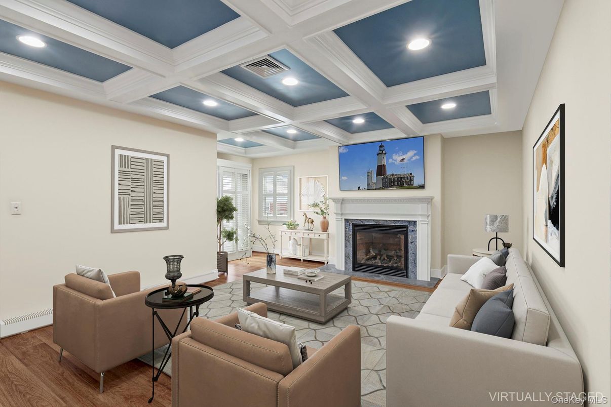 Fireplace, Interior, Living room, Recessed Lighting, Wood Texture Flooring