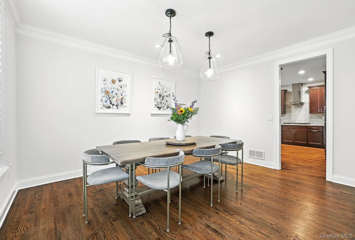 Dining room, Interior, Pendant Lights, Recessed Lighting, Wood Texture Flooring