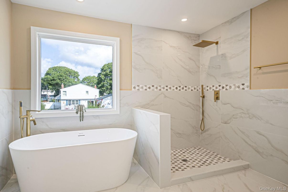 Bathroom, Free Standing Baths, Interior, Marble, Marble Walls, Recessed Lighting