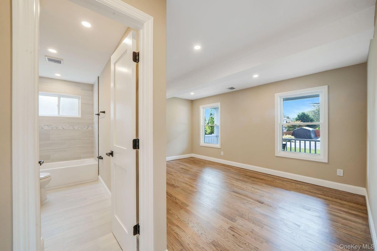 Bathroom, Empty room, Interior, Recessed Lighting, Wood Texture Flooring