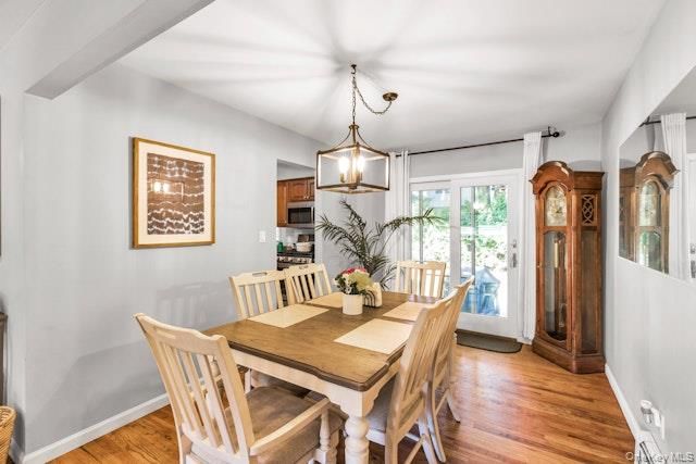 Dining room, Interior, Pendant Lights, Wood Texture Flooring