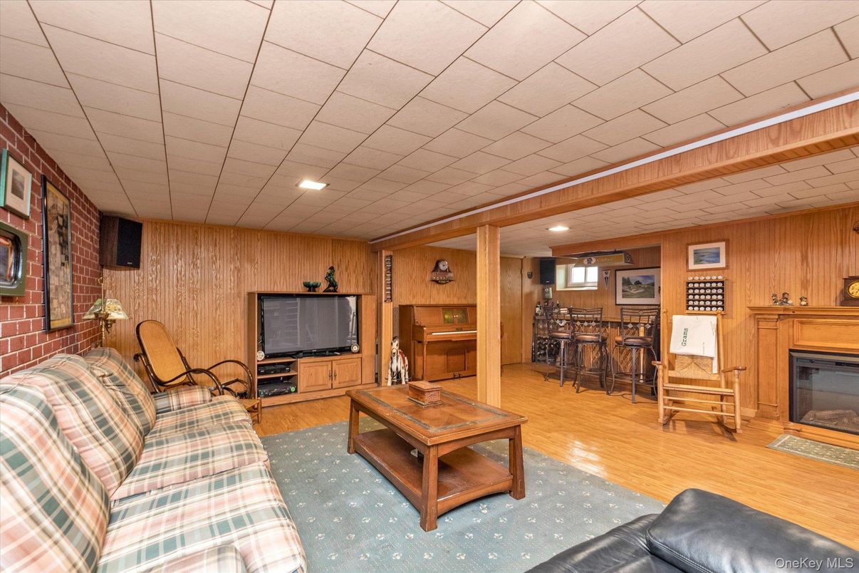 Fireplace, Interior, Recessed Lighting, Stone Walls, Wood Texture Flooring, Wooden Walls