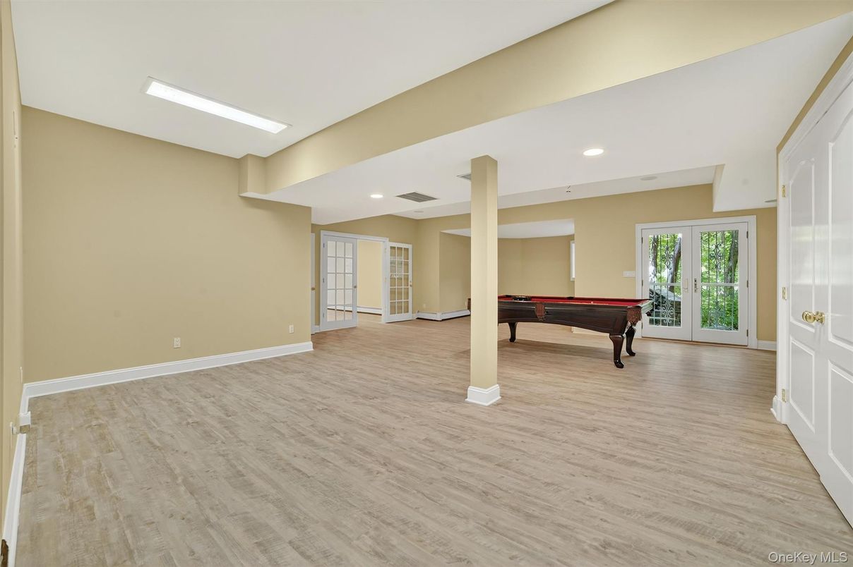 Billiard Table, Empty room, Game Room, Interior, Recessed Lighting, Wood Texture Flooring