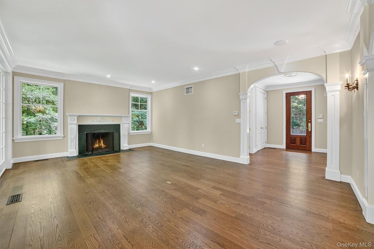 Empty room, Fireplace, Interior, Recessed Lighting, Wood Texture Flooring