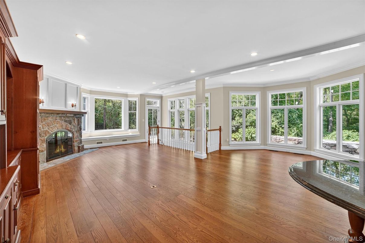 Empty room, Fireplace, Interior, Recessed Lighting, Wood Texture Flooring