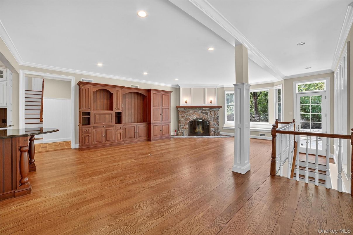 Fireplace, Interior, Recessed Lighting, Wood Texture Flooring