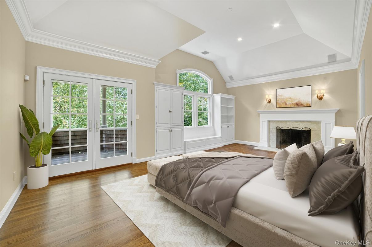 Bedroom, Fireplace, Interior, Recessed Lighting, Wood Texture Flooring