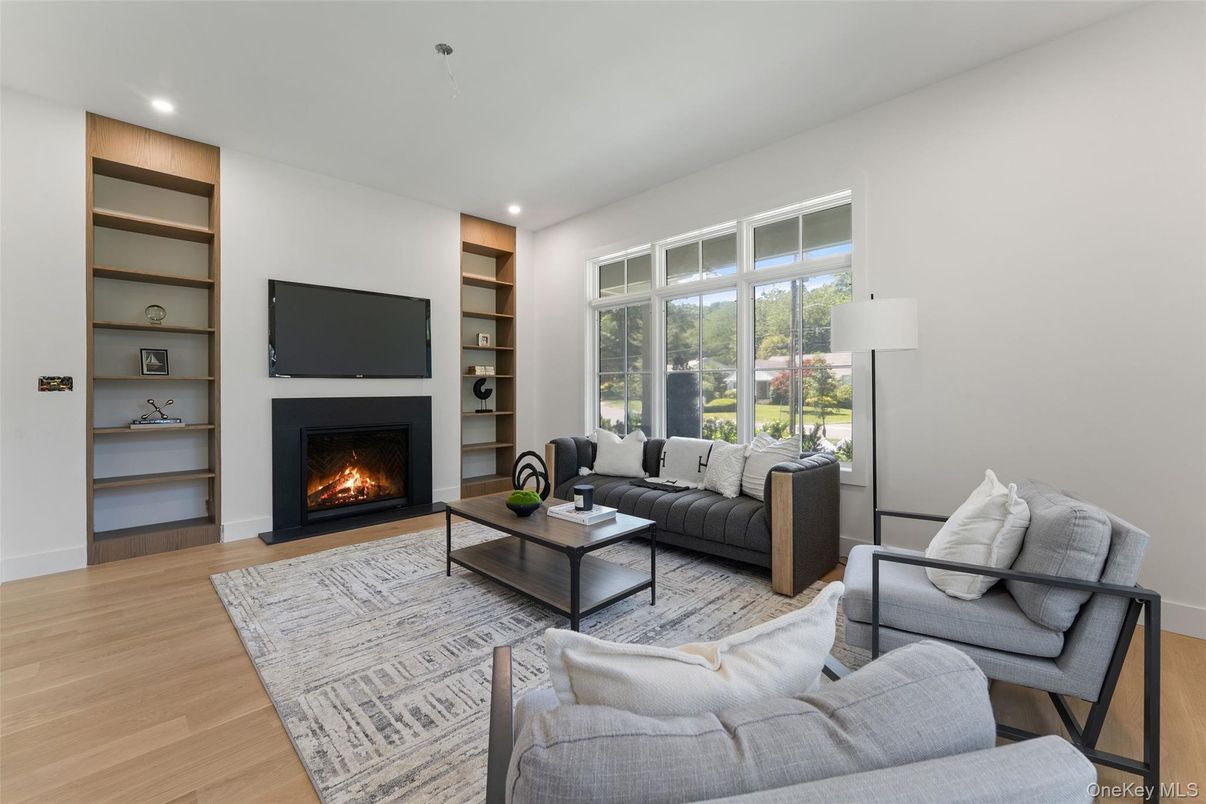 Fireplace, Interior, Living room, Recessed Lighting, Wood Texture Flooring