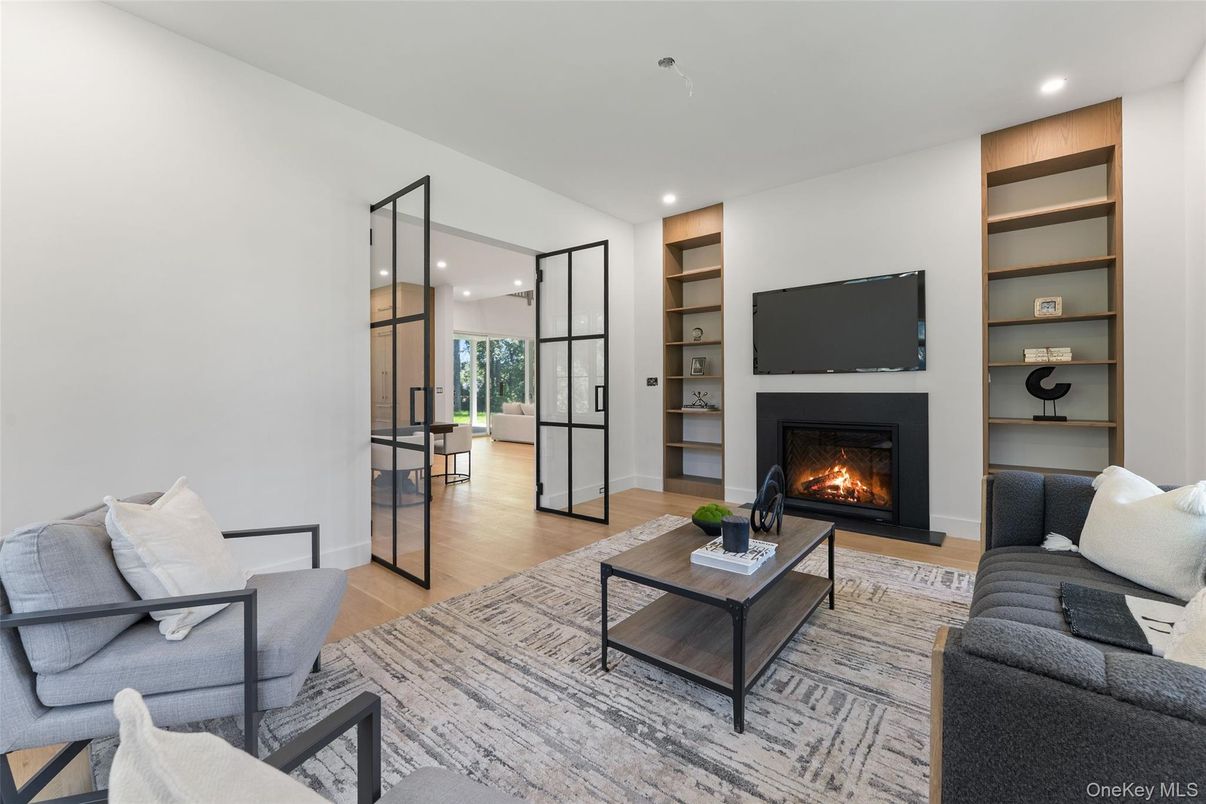 Fireplace, Interior, Living room, Recessed Lighting, Wood Texture Flooring