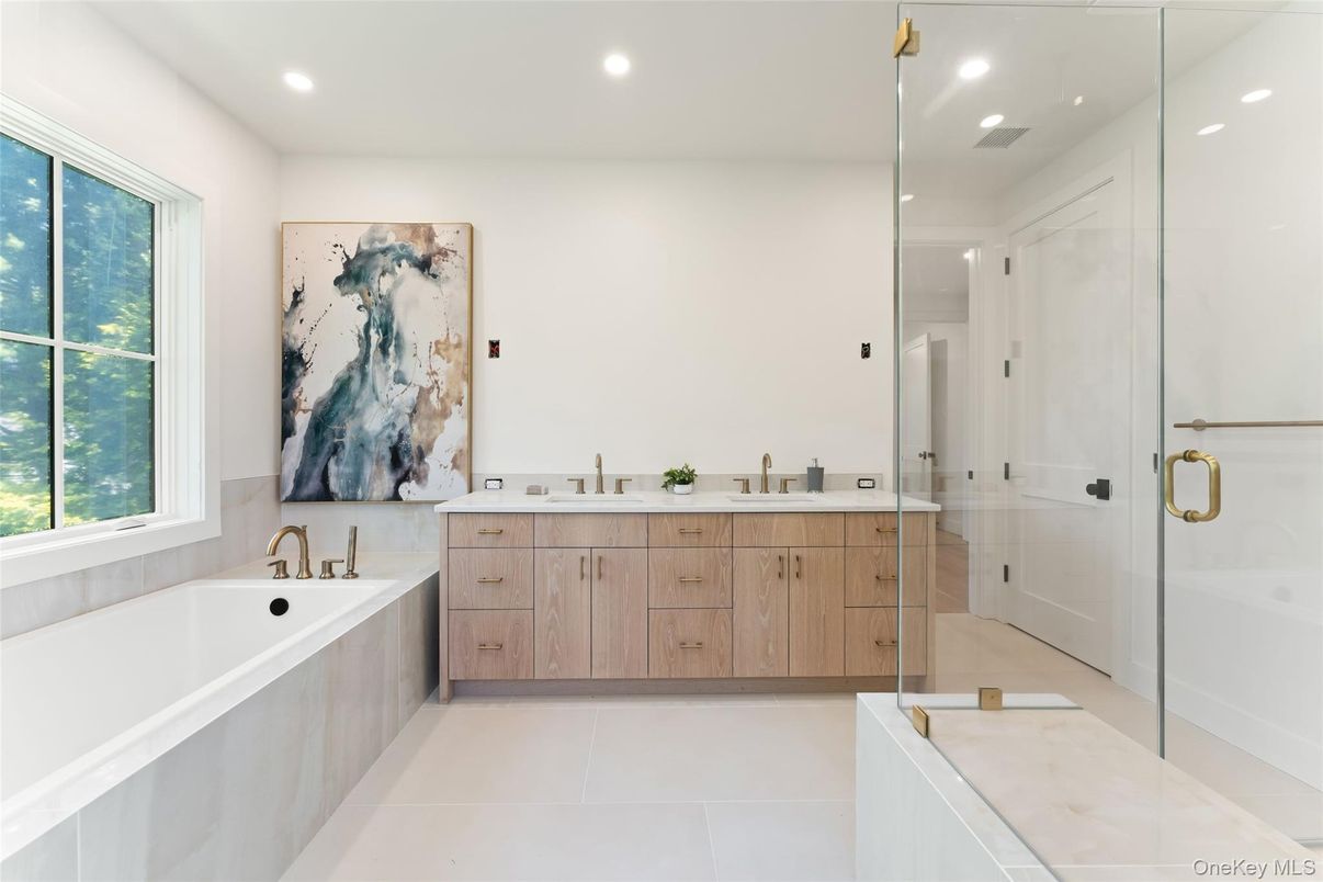 Bathroom, Dual Sink Vanities, Glass Shower, Interior, Recessed Lighting