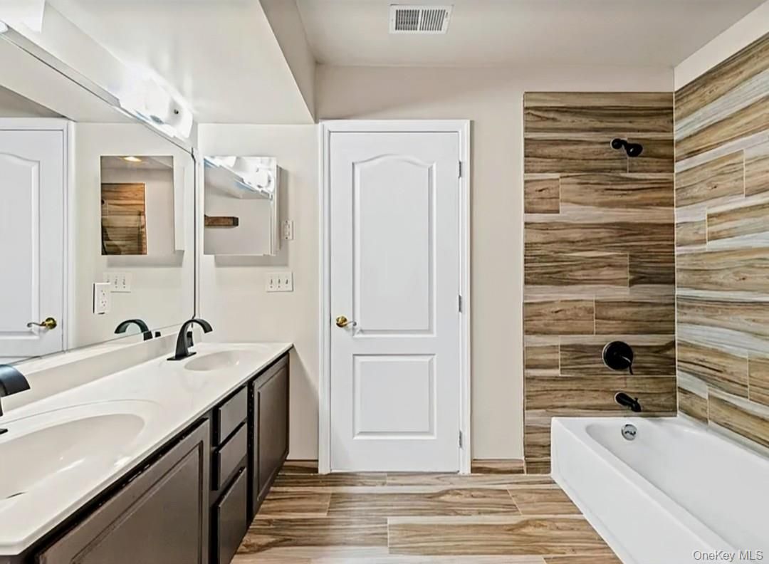 Bathroom, Dual Sink Vanities, Interior, Wood Texture Flooring, Wooden Walls