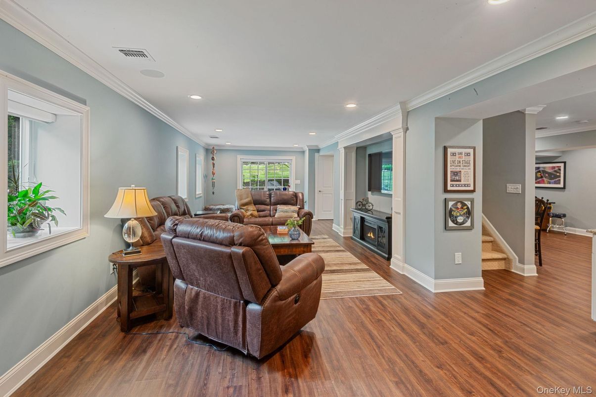 Fireplace, Interior, Living room, Recessed Lighting, Wood Texture Flooring
