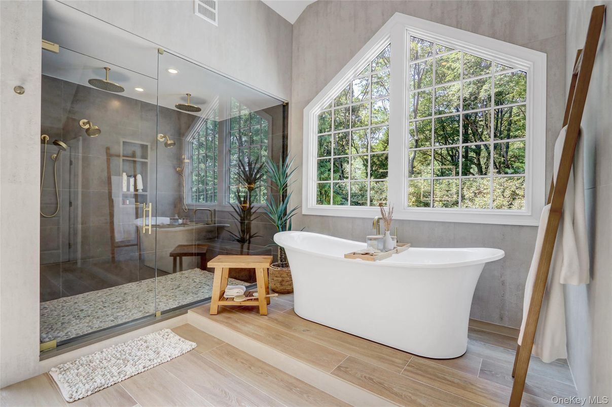 Bathroom, Free Standing Baths, Glass Shower, Interior, Recessed Lighting, Wood Texture Flooring
