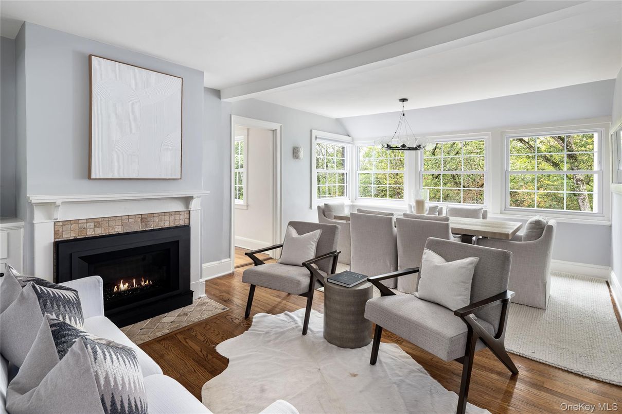 Dining room, Fireplace, Interior, Living room, Pendant Lights, Wood Texture Flooring