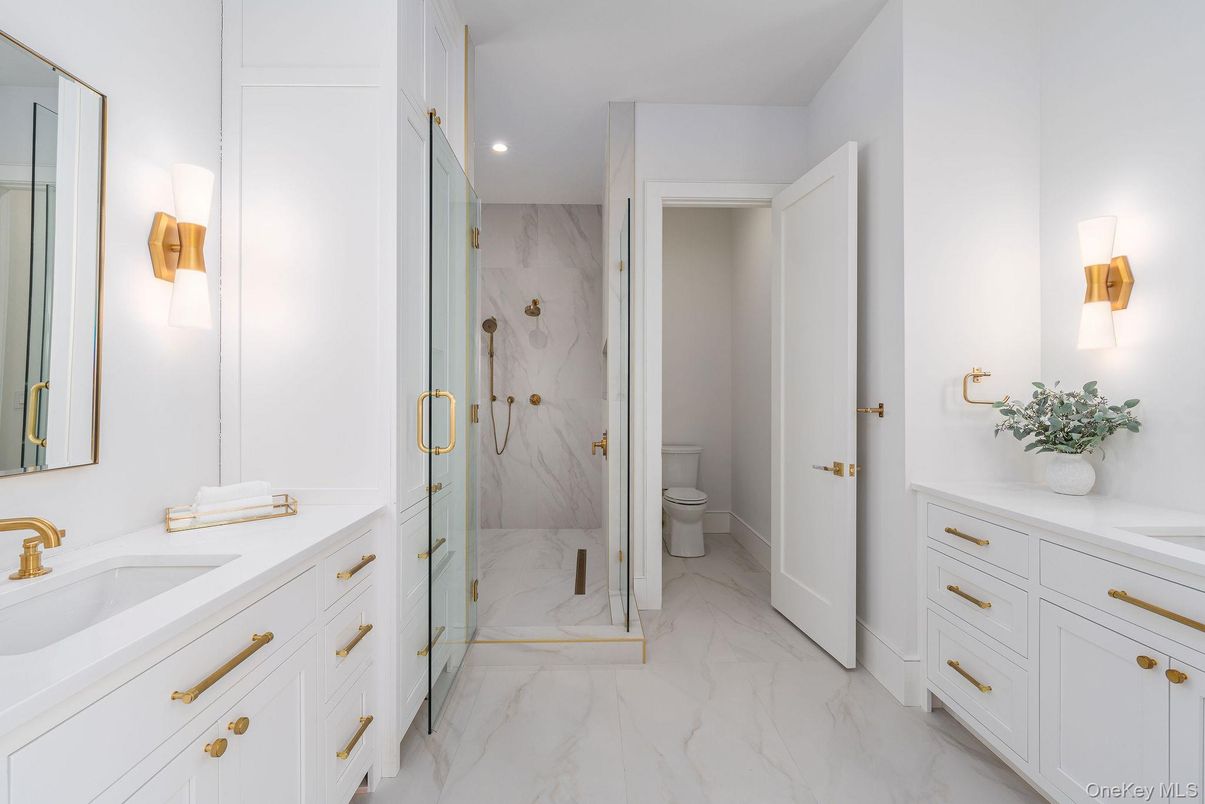 Bathroom, Glass Shower, Interior, Marble, Marble Walls, Recessed Lighting