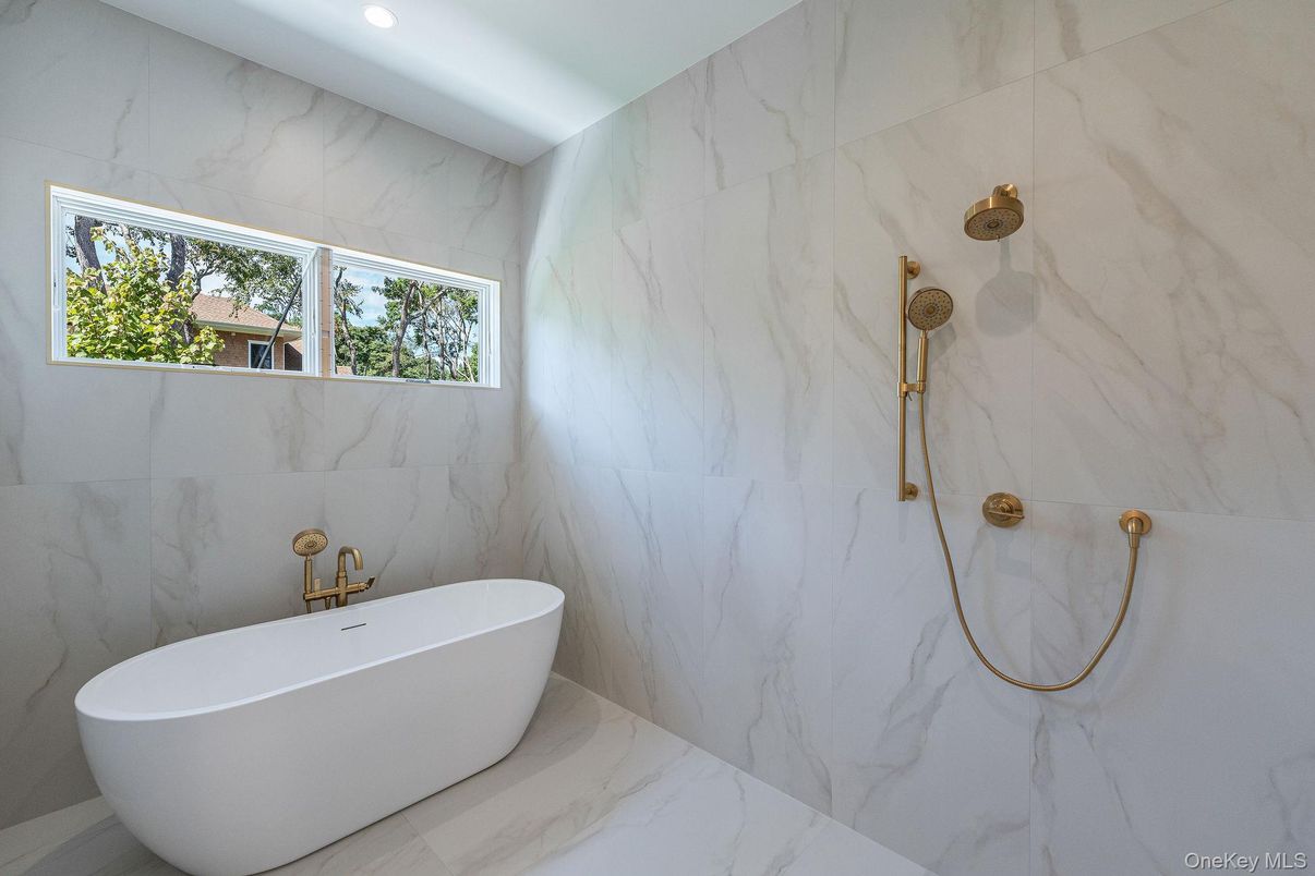 Bathroom, Free Standing Baths, Interior, Marble, Marble Walls, Recessed Lighting