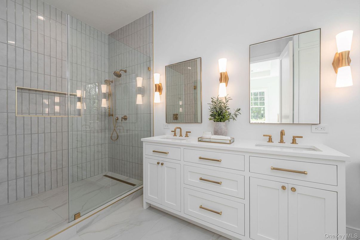 Bathroom, Dual Sink Vanities, Glass Shower, Interior, Marble