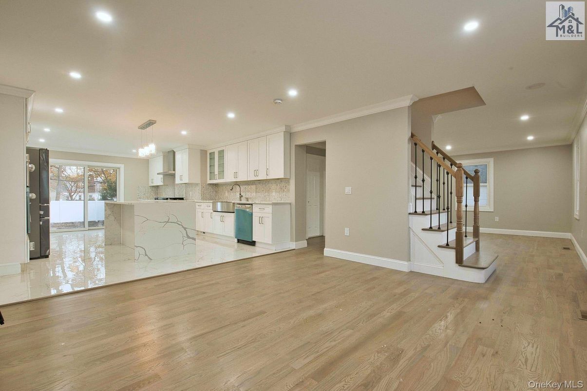 Chandelier, Interior, Kitchen, Recessed Lighting, Wood Texture Flooring