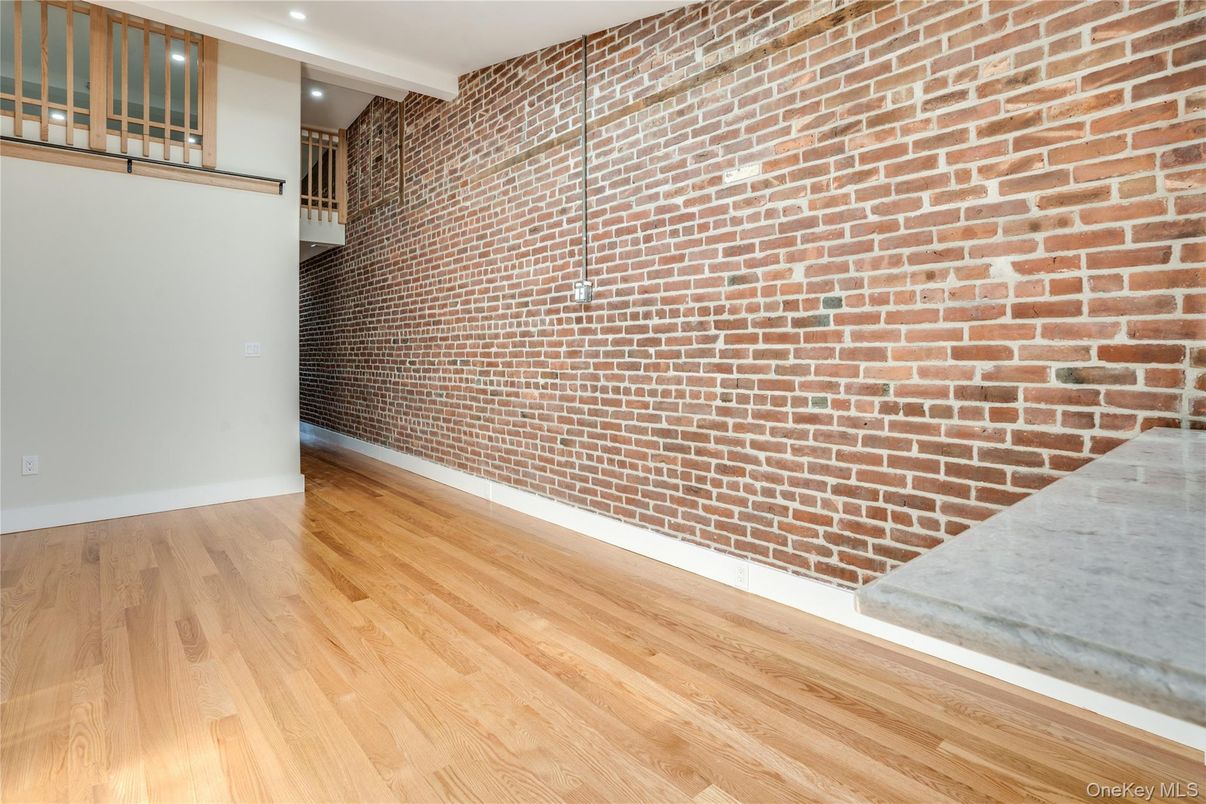 Empty room, Interior, Recessed Lighting, Stone Walls, Wood Texture Flooring