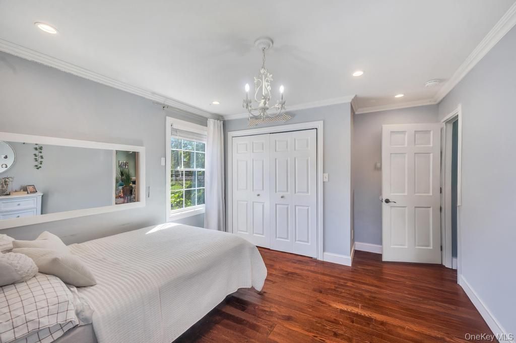 Bedroom, Chandelier, Interior, Recessed Lighting, Wood Texture Flooring