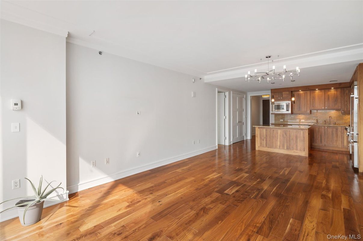 Empty room, Interior, Kitchen, Pendant Lights, Stainless Steel Appliances, Wood Texture Flooring
