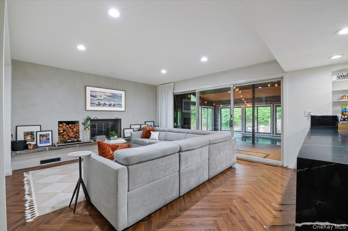 Fireplace, Interior, Living room, Recessed Lighting, Wood Texture Flooring