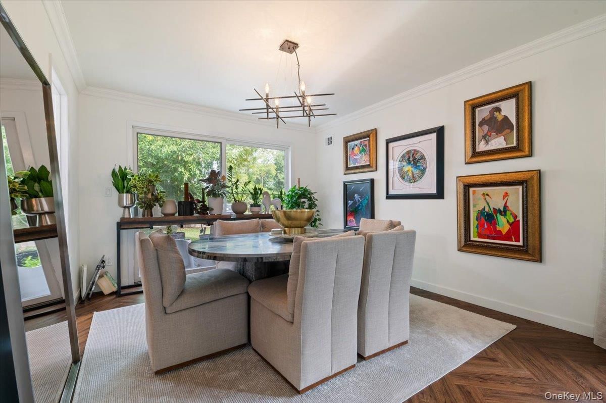 Dining room, Interior, Pendant Lights, Wood Texture Flooring