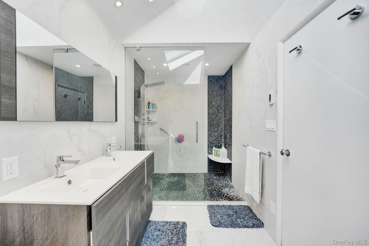 Bathroom, Glass Shower, Interior, Marble Walls, Recessed Lighting