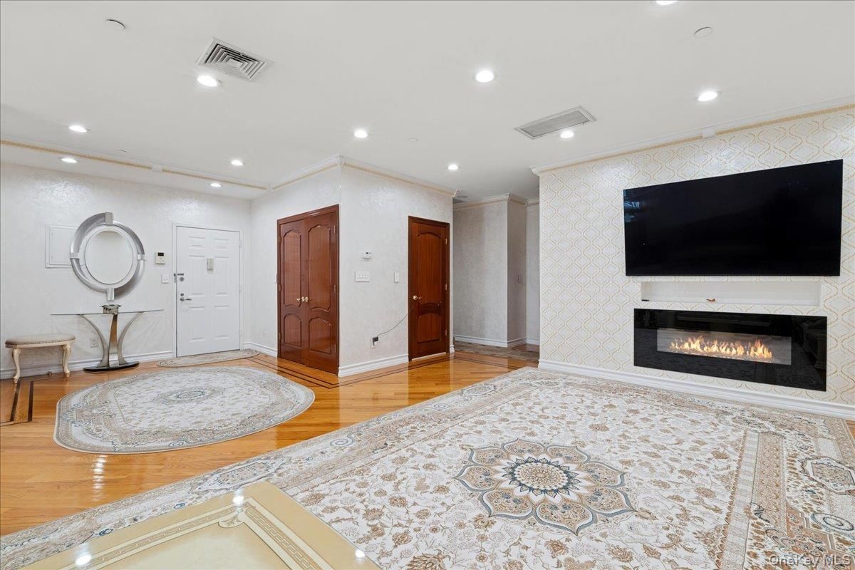 Fireplace, Interior, Recessed Lighting, Wood Texture Flooring