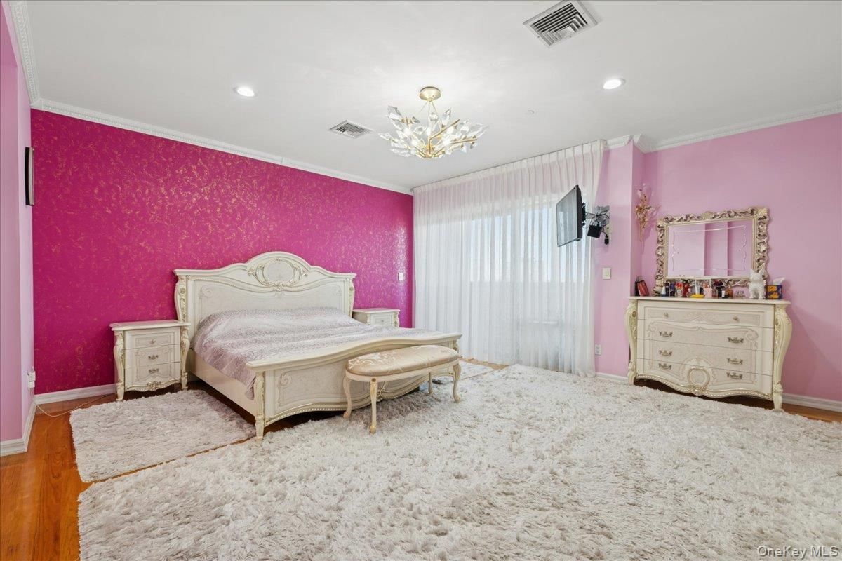 Bedroom, Chandelier, Interior, Recessed Lighting, Wood Texture Flooring