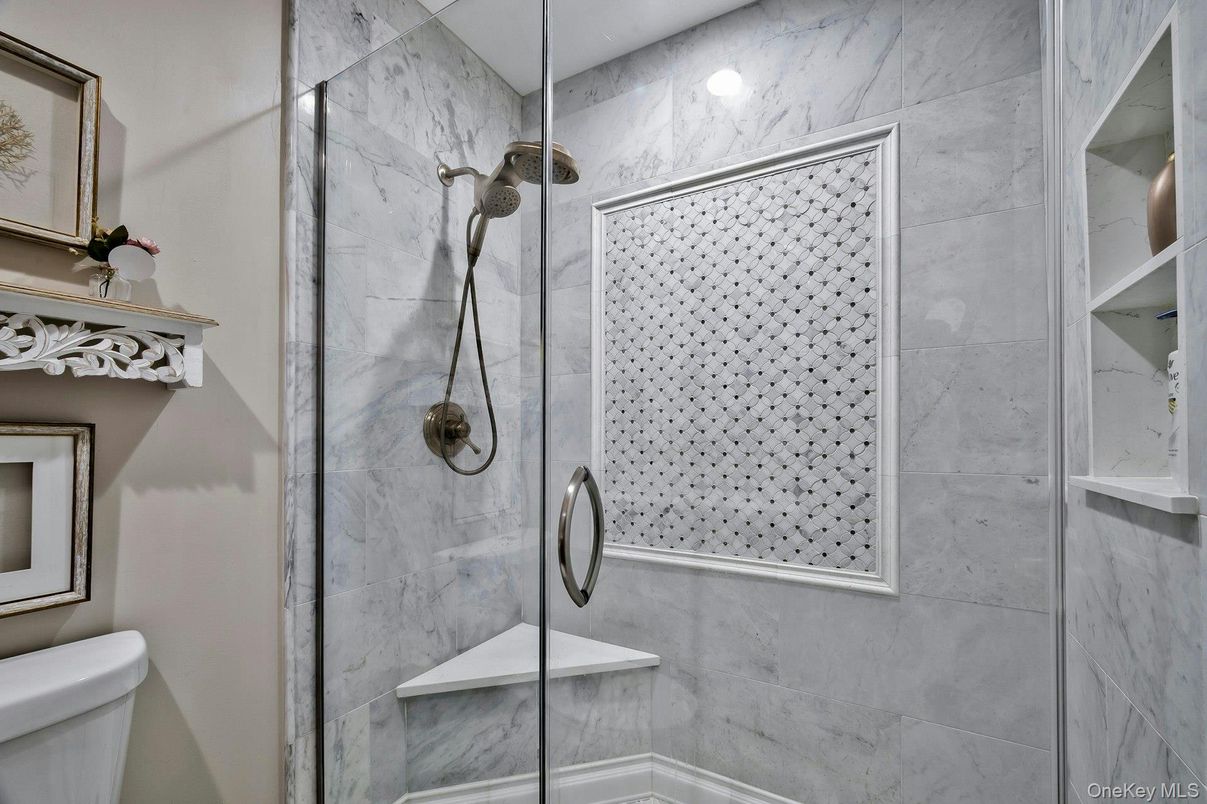 Bathroom, Glass Shower, Interior, Marble Walls, Recessed Lighting