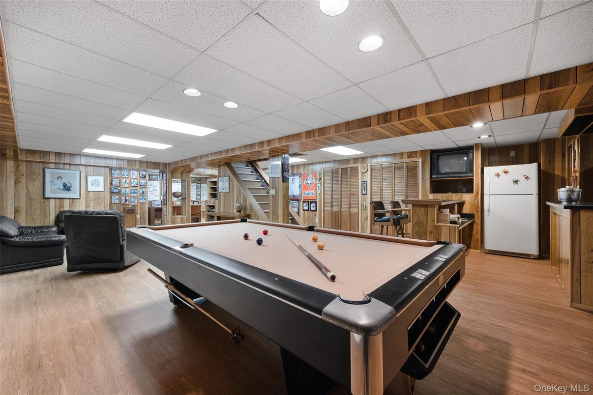 Billiard Table, Game Room, Interior, Recessed Lighting, Wood Texture Flooring, Wooden Walls