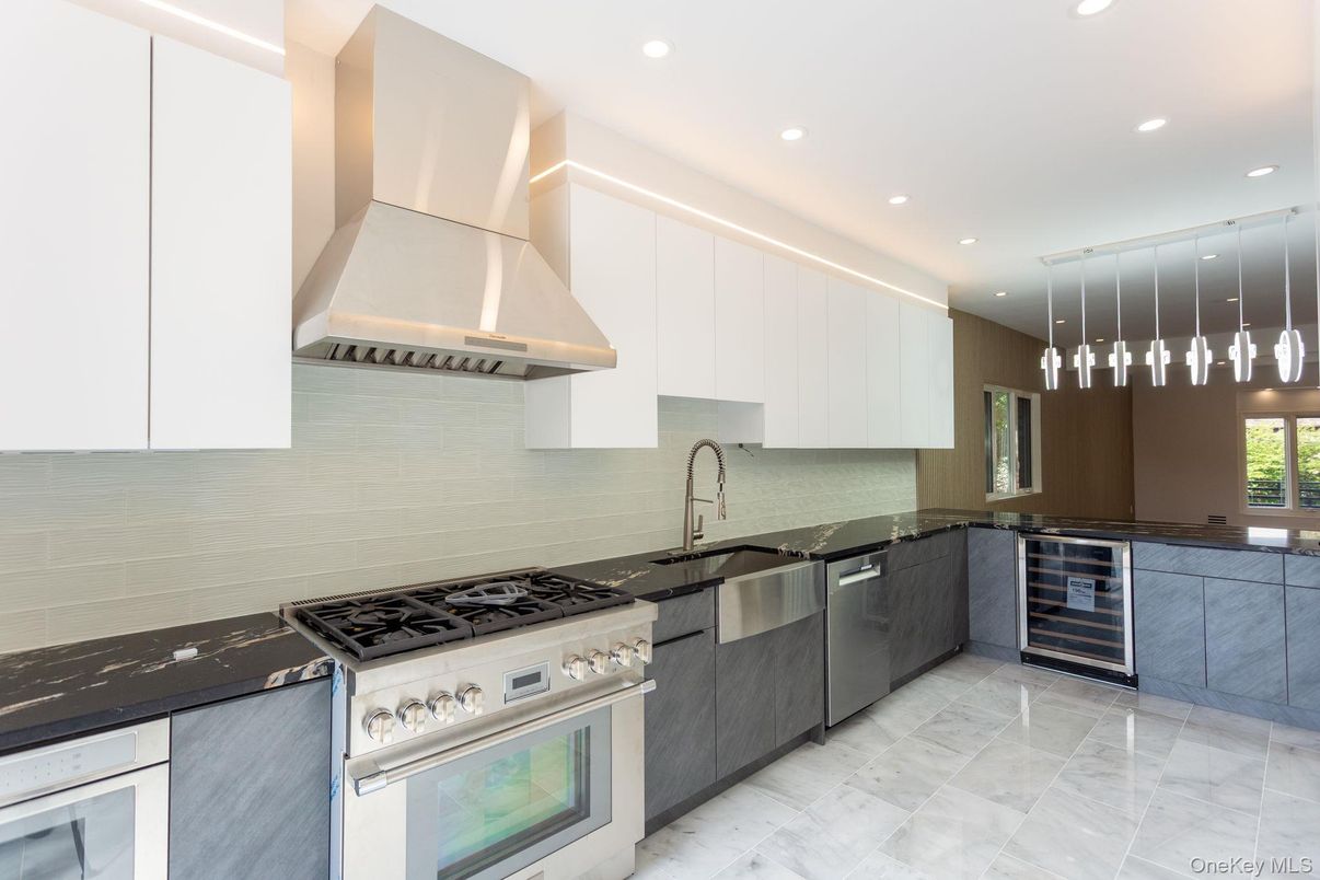Interior, Kitchen, Marble, Pendant Lights, Recessed Lighting, Stainless Steel Appliances