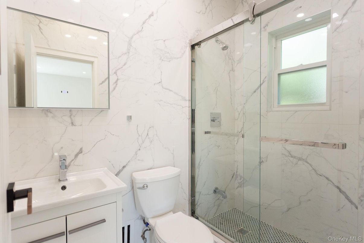 Bathroom, Glass Shower, Interior, Marble Walls, Recessed Lighting