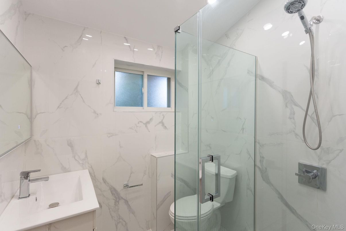 Bathroom, Glass Shower, Interior, Marble Walls, Recessed Lighting