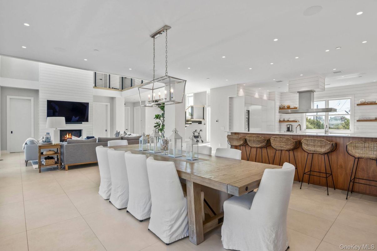 Dining room, Fireplace, Interior, Kitchen, Living room, Pendant Lights, Recessed Lighting