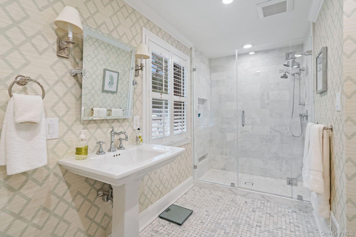 Bathroom, Glass Shower, Interior, Marble Walls, Recessed Lighting
