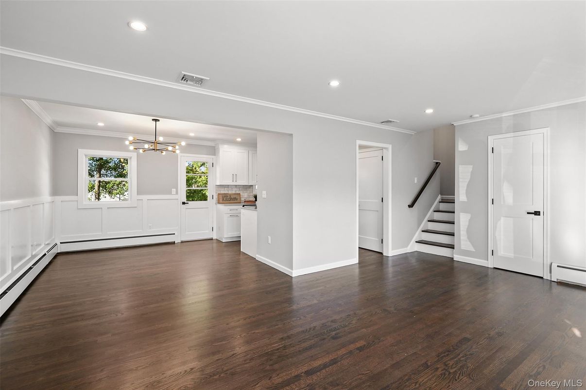 Empty room, Interior, Kitchen, Pendant Lights, Recessed Lighting, Wood Texture Flooring