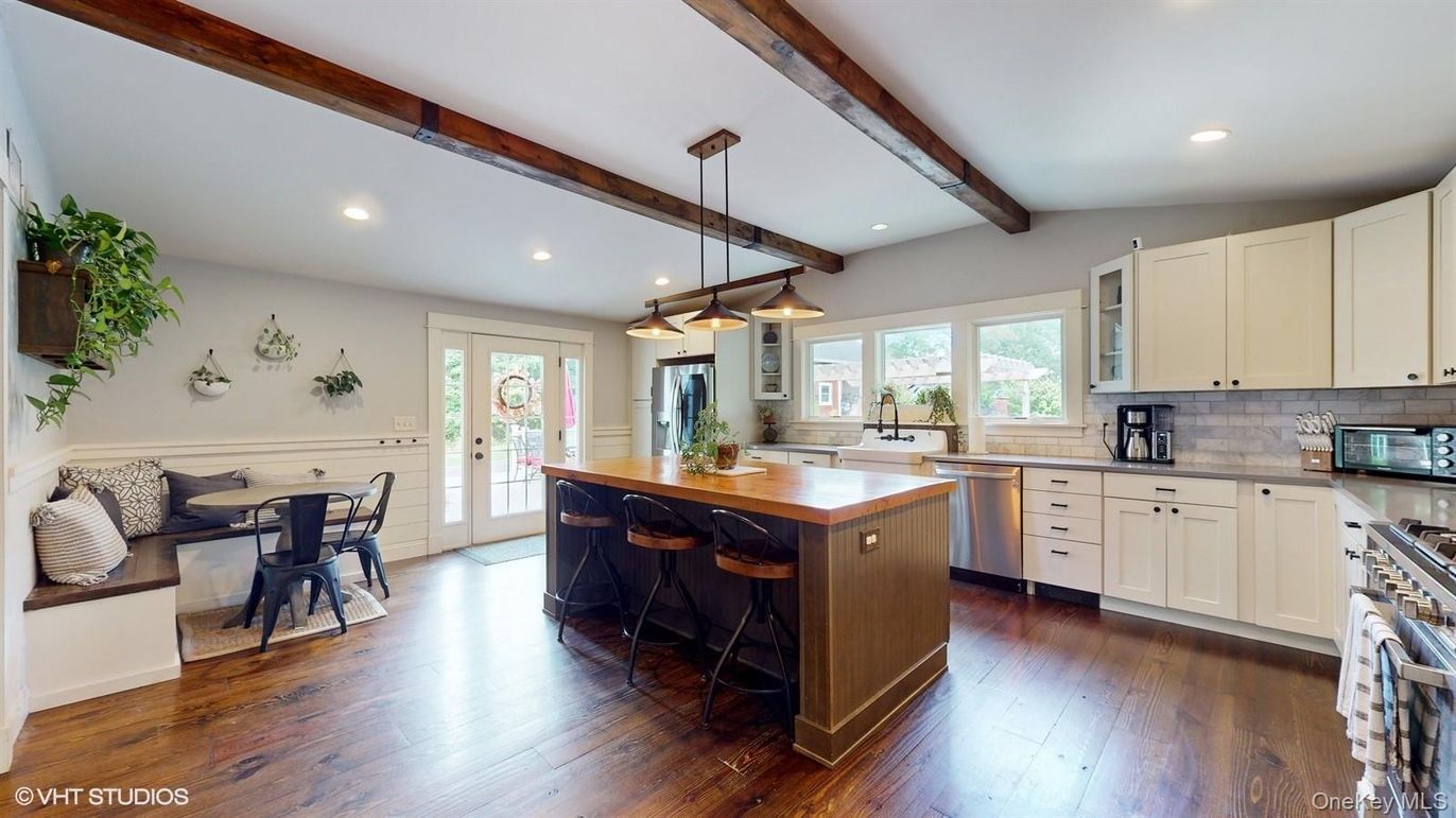 Interior, Kitchen, Pendant Lights, Recessed Lighting, Stainless Steel Appliances, Wooden Beams, Wood Texture Flooring
