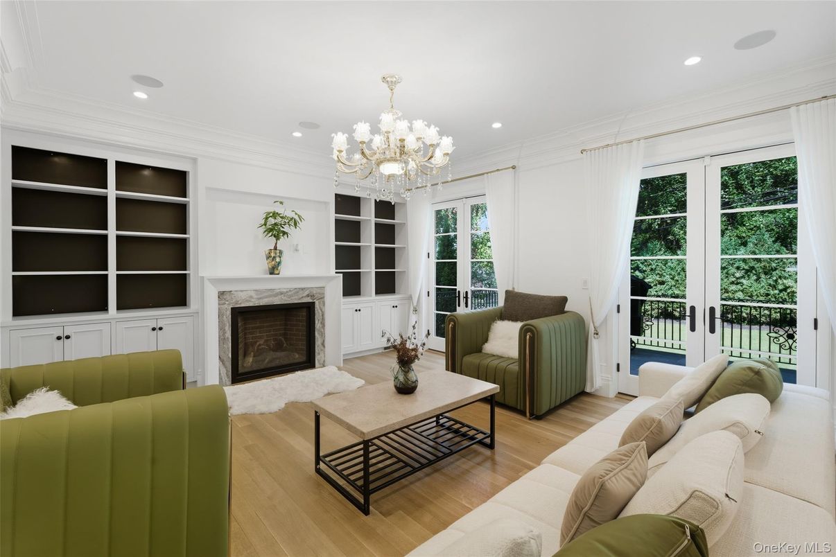 Chandelier, Fireplace, Interior, Living room, Recessed Lighting, Wood Texture Flooring
